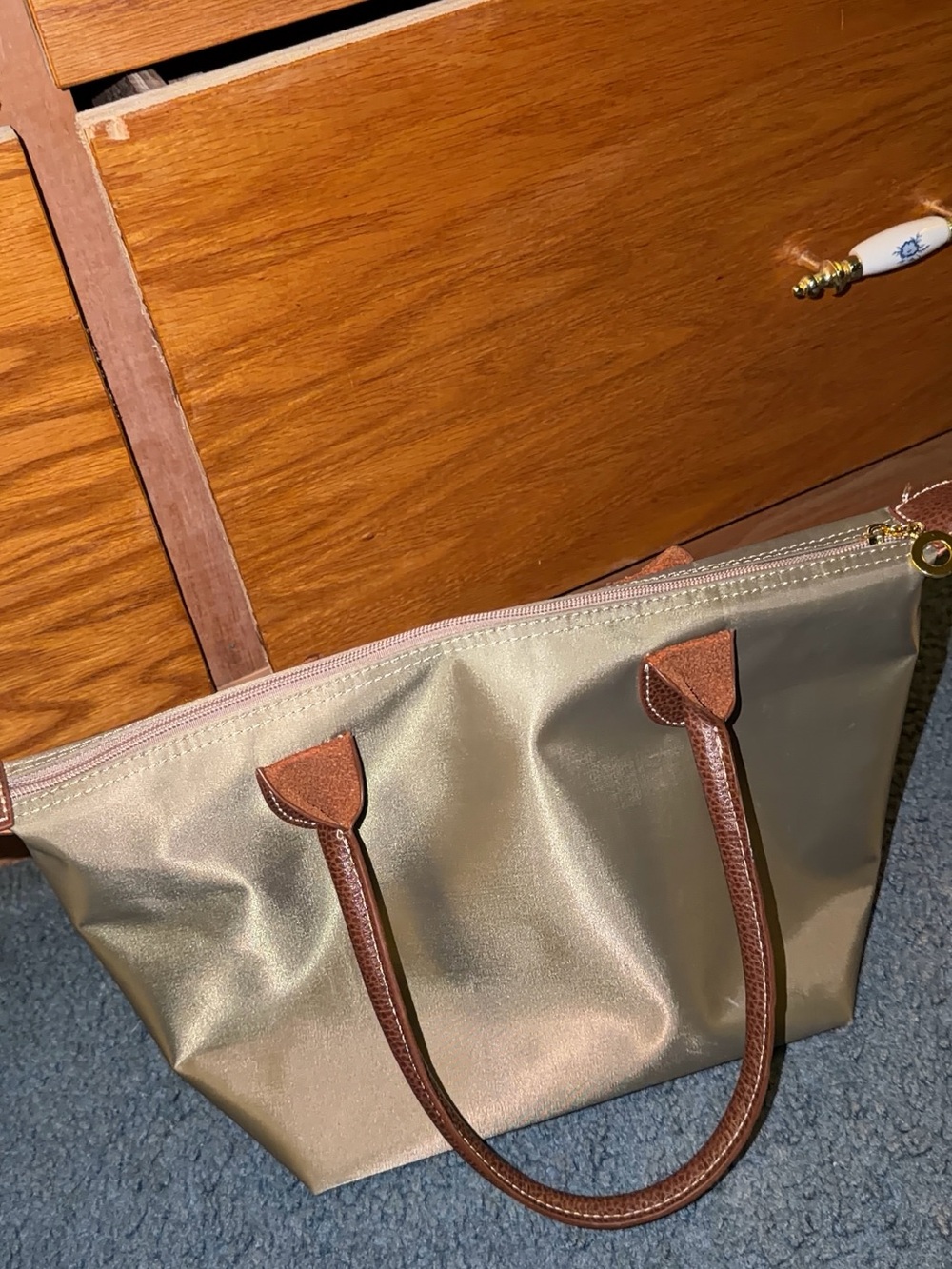 Women’s Neutral Tote Bag with Brown Trim